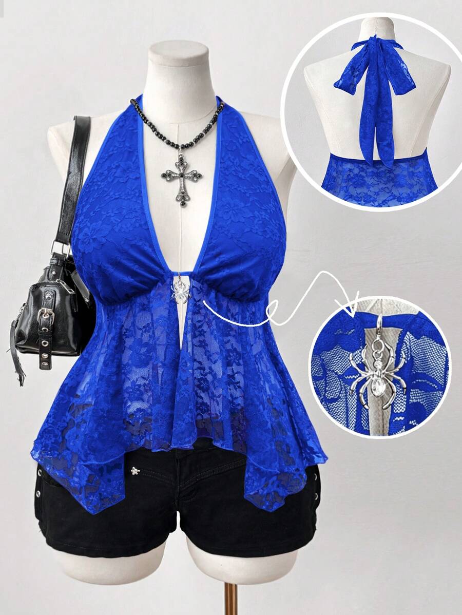 Flirla 大码女式休闲细肩带蕾丝镂空透视蜘蛛装饰朋克复古宽松无袖上衣，春夏