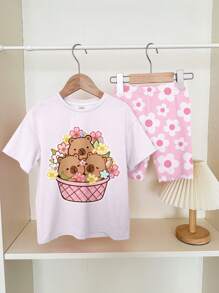 SHEIN 2pcs/Set Cute Pink Capybara Print White Summer Matching Outfit,Loose Short Sleeve T-Shirt And Shorts Set,Family Vacation Streetwear Kawaii Y2K Style - Multicolor - View 2