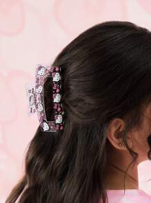 HELLO KITTY AND FRIENDS | SHEIN Fashionable Cute Pink Floral & Cat Print Hair Claw, Suitable For High-Volume Hair, For Home Bathing, Beauty, Bun Hairstyle, Hair Styling - Clear - View 3
