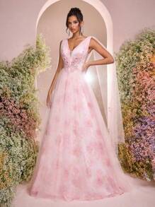 Glamrae 浪漫优雅粉色欧根纱印花 V 领褶皱后背可调节系带连衣裙，搭配 A 字飘逸裙和透明肩部，适合正式场合女士晚礼服（厚重质地）