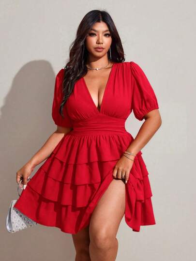 Viva Relle Vestido corto de verano elegante y versátil para mujer de talla grande con cuello en V, mangas abultadas, volantes en el bajo, ideal para vacaciones, citas, fiestas y festivales de música