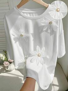 Comfortcana Summer  Dropped Shoulder Floral Decor Loose Casual T-Shirt - White - View 1