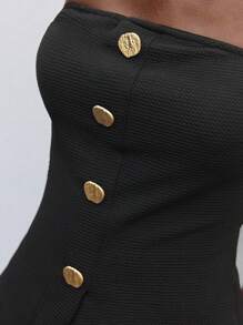 Maija Women's Metal Color Block Button Front Slit Hem Strapless Top, Black,Autumn Outfits For Women - Black - View 5