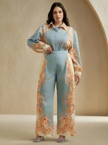 Anewsta Plus Size Women Casual Vacation Blue Printed Long Pants - Baby Blue - View 5