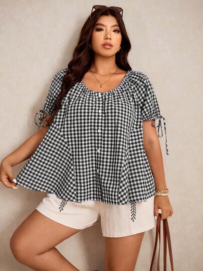 Elaquor 大码格子印花圆领扭纹休闲短袖衬衫