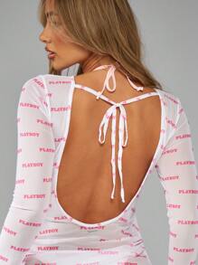 Missguided x Playboy Langarm Strandkleid Mini Rückenfrei mit Kordelzug seitlich gerafft Sommerurlaub Strandk leid