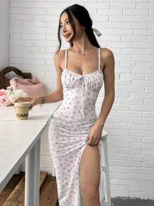 SHEIN EZwear 女士度假粉色花卉侧开衩下摆细肩带连衣裙 - 粉色 - 查看 5