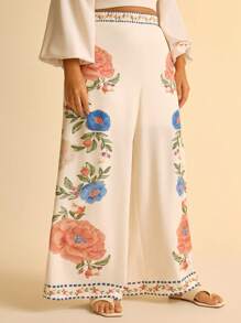 CAJUNI Pantalones rectos de pierna ancha en color albaricoque con estampado bohemio de loro y flores tropicales para mujer de talla grande, pantalones casuales de verano para la playa