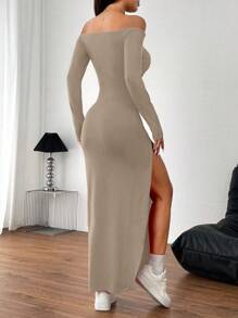 INAWLY Sexy Red Off-Shoulder High Split Maxi Dress - Khaki - View 2