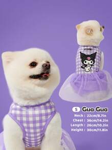 HELLO KITTY AND FRIENDS | SHEIN 1pc Cartoon Pattern Contrast Mesh Pet Dress, Plaid Pattern, Cat & Dog Dress, Sweet Style, Size XXS-XXXXL, Extra Small, Extra Large, - Mauve Purple - View 3