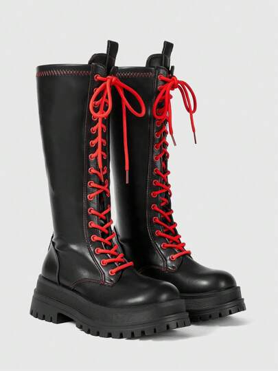 Goth Women's Knee-High Boots Fashionable Lace-Up Thick-Soled Chunky Heel Women's Boots