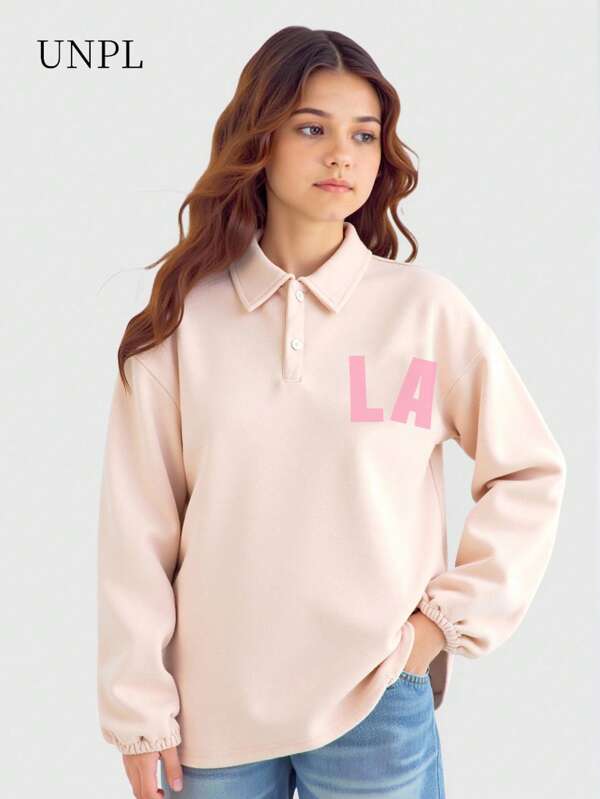 SHEIN 1 pezzo Maglietta polo oversize da ragazza con stampa della lettera LA, per un look dolce e casual adatto a ragazze pre-adolescenti