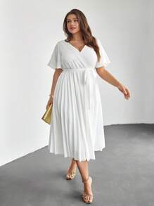 SHEIN Privé Váy midi buộc dây xếp ly màu trắng thanh lịch, thích hợp khi đi làm, du lịch, mua sắm - trắng - Xem 6