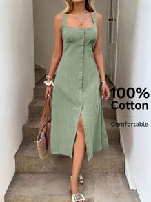 Easowa 方领褶皱胸罩杯，高开叉后背系带蝴蝶结腰部 A 字中长连衣裙，休闲度假优雅女士街头服饰，棉质