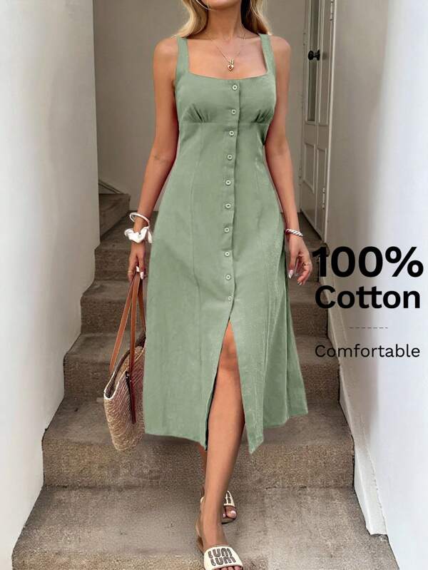 Easowa Square Collar Pleated Bust Cups, High Slit Back Tie Bow Waist A-Line Midi Dress, Casual Resort Elegant Streetwear For Women, Made Of Cotton