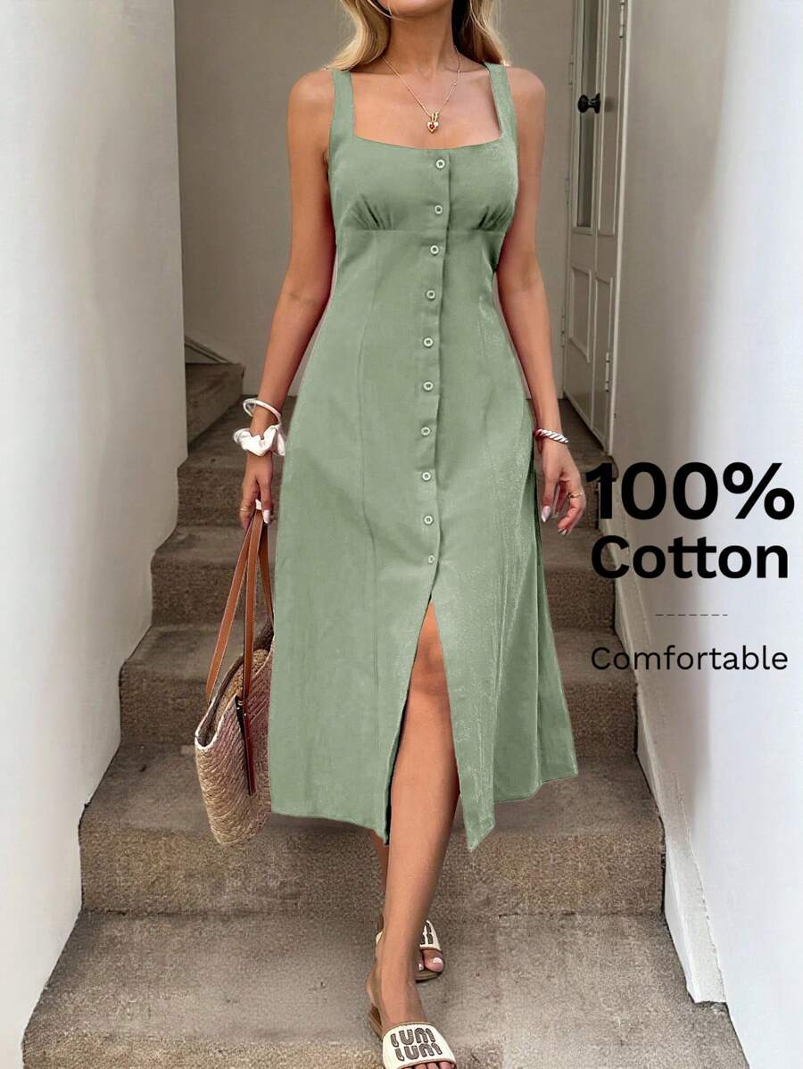 Easowa 方领褶皱胸罩杯，高开叉后背系带蝴蝶结腰部 A 字中长连衣裙，休闲度假优雅女士街头服饰，棉质