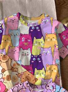 Tween Girls 3-Piece Set: Casual Minimalist Colorful Cartoon Rabbit Printed, Muted Butterfly & Piplup Printed, Colorful Cartoon Cat Printed, Round Neck Short Sleeve T-Shirt Multiple Pieces, Suitable For Summer Bliss, Vacation Kidswear, Holiday Feels, Walk In Style, Color Pop, Grad Ready, Holiday Season