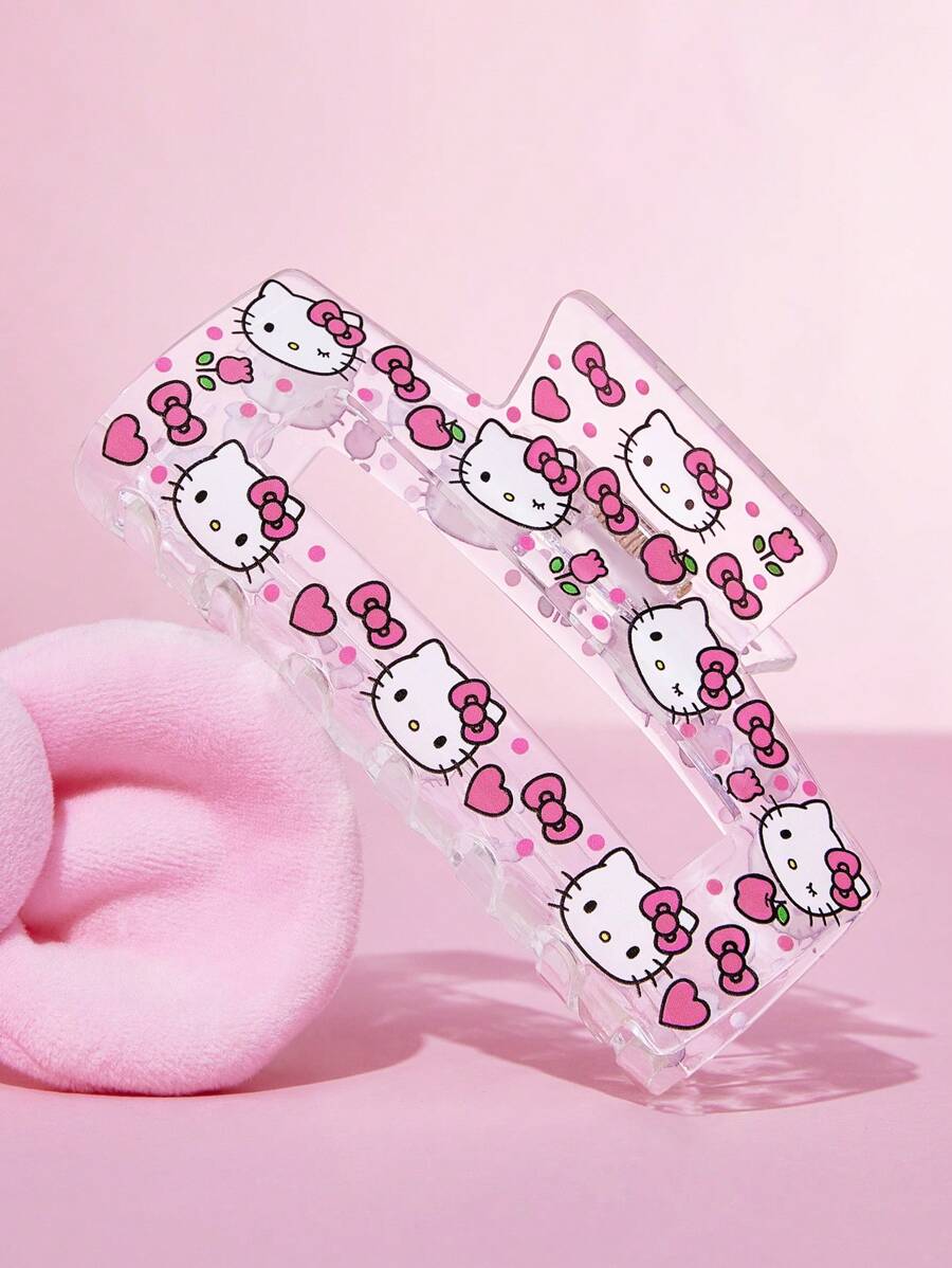 HELLO KITTY AND FRIENDS | SHEIN Fashionable Cute Pink Floral & Cat Print Hair Claw, Suitable For High-Volume Hair, For Home Bathing, Beauty, Bun Hairstyle, Hair Styling - Clear - View 1