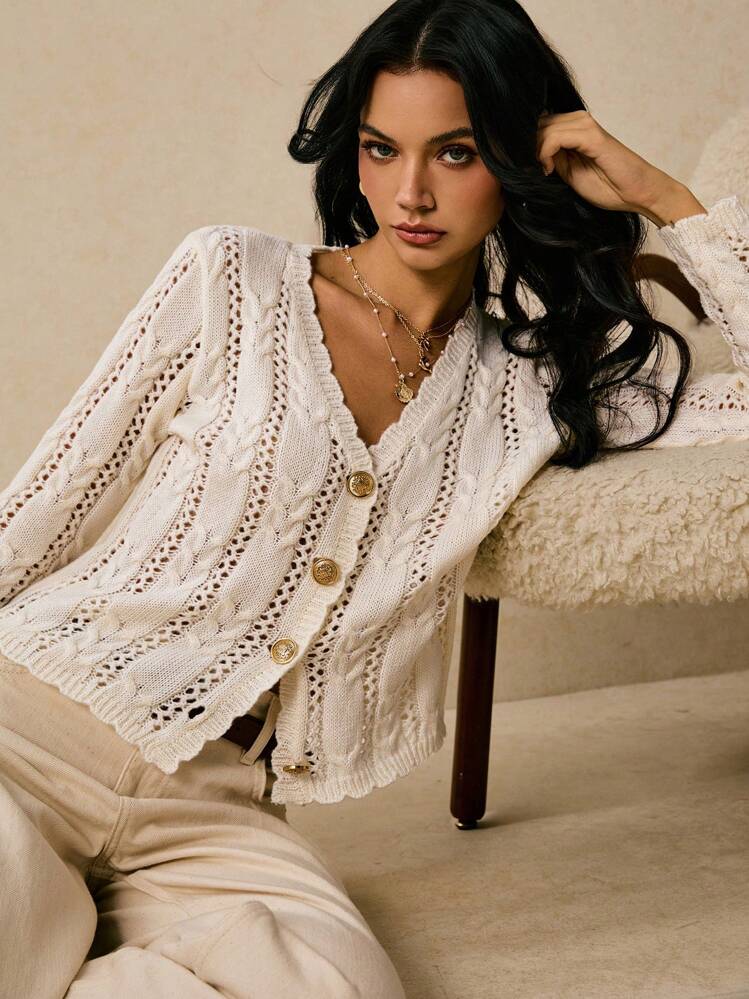 Poéselle Countryside Style Apricot Color Hollow Out Long Sleeve Knitted Cardigan In Fall/Winter - Apricot - View 1