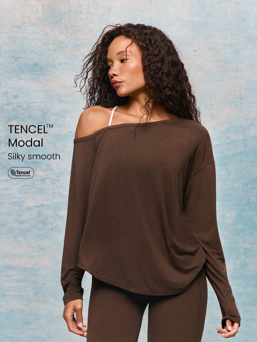 GLOWMODE TENCEL™ 莫代尔 Drift Off 轻盈丝滑不对称露肩长袖运动上衣低冲击瑜伽普拉提健身房工作室日常休闲装