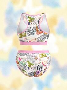 SHEIN Touch of Art Ensemble soutien-gorge et culotte grande taille avec imprimé lettres et fruits et garniture contrastée