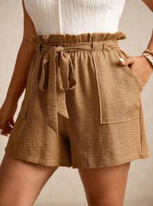 Elaquor Quần short thường ngày màu trơn túi giấy cỡ lớn - Màu Khaki - Xem 3