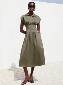 Aveloria Modichic 女士优雅简约设计拉链领褶腰 A 字长袖连衣裙 - 綠色 - 查看 5