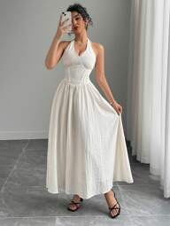 DAZY فستان نسائي متوسط الطول بياقة على شكل حرف V وخصر مزين بنقاط بولكا، فساتين صيفية للزفاف