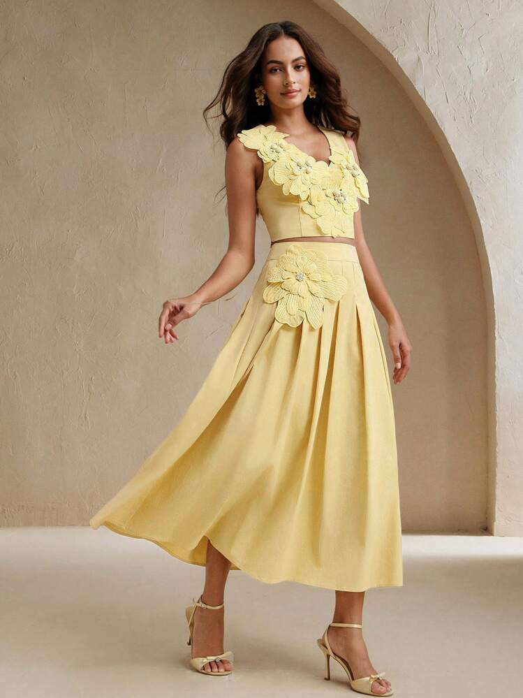 Anewsta Women Elegant 3D Flower Decor Camisole Top And Skirt 2 Pieces Set, Summer - Yellow - View 4