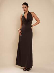 COSMINA Women's Solid Color Draped Neck Stone Linked Bodycon Dress - Brown - View 7