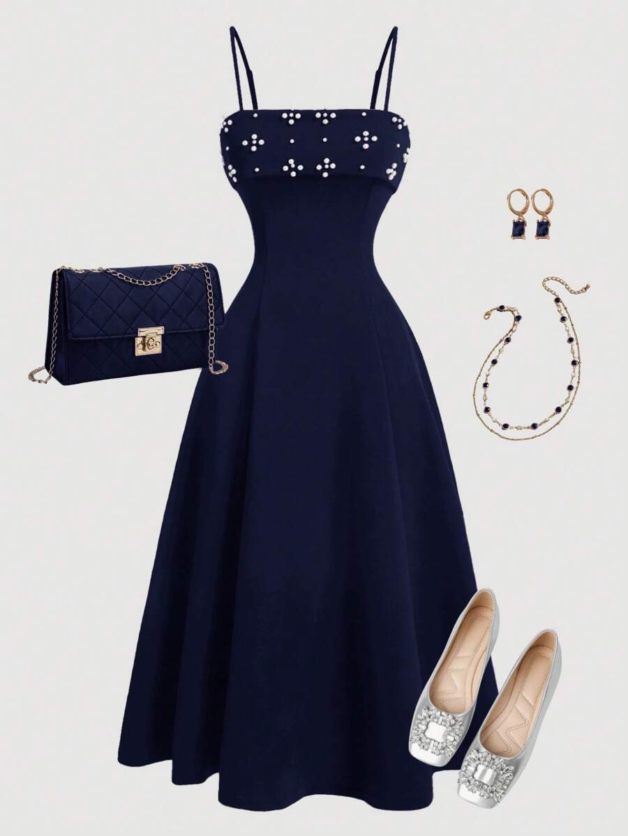 Girlism 少女针织/圣诞节/派对/节日/仿珍珠串珠吊带背心裙，返校裙，返校装，秋季连衣裙，连衣裙 - 藏蓝色 - 查看 1