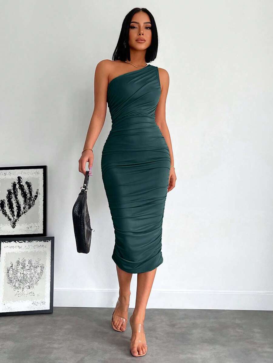 EURMUSE Váy suông dài vừa phải xếp ly không tay màu trơn cho nữ - Màu xanh lá cây đậm - Xem 1