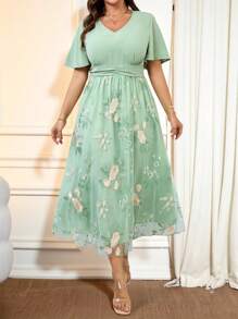 Cravure Plus Size Green Ditsy Floral Dress, Fashionable For Summer - Green - View 1