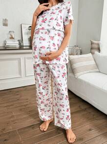 SHEIN Post Partum Lounge Set Romantic Printed Milk Silk Contrast Lace Comfortable Maternity Pajamas