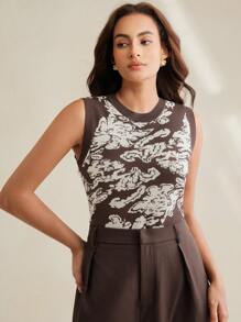 Anewsta Women Floral Pattern Round Neck Casual Knit Sweater Vest - Coffee Brown - View 4