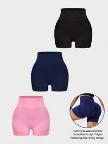Seamluxe SHEIN Sport 3er-Set Damen High-Waist Slim Fit einfarbige Sport-Shorts, Workout-Shorts