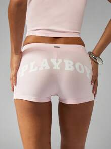 Missguided x Playboy Pantaloni scurți din amestec de bumbac cu talie înaltă, pantaloni scurți de dans, îmbrăcăminte de vară, festival, plajă, lenjerie de pat, pantaloni scurți estetici Y2K - Roz - Vizualizare 1