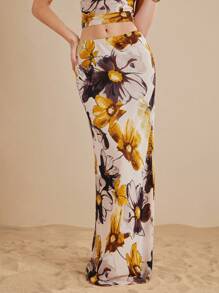 L'Amorae Large Watercolor Floral Printed Maxi Skirt Wedding Guest Graduation Spring Summer - Multicolor - View 3