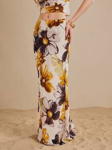 L'Amorae Large Watercolor Floral Printed Maxi Skirt Wedding Guest Graduation Spring Summer - Multicolor - View 4