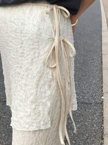 FRIFUL Women's Textured Fabric Detachable Ruffle Waist Tie Side Bow Casual Slim Fit 2 Pieces Set, Autumn - Apricot - View 6