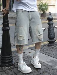 Manfinity EMRG Men's Pocket Distressed Raw Hem Loose Fit Denim Bermuda Shorts Men Distressed Jean Shorts