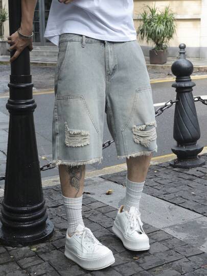 Manfinity EMRG 男士口袋做旧毛边宽松牛仔百慕大短裤 男士做旧牛仔短裤