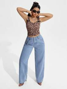 SHEIN PETITE 女式纯色口袋休闲百搭阔腿牛仔裤 - 淺色水洗藍 - 查看 5