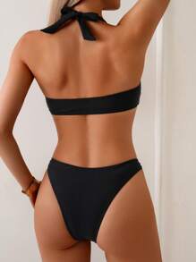 SHEIN Swim Women's Solid Color Vacation Casual Bikini Set Two Pieces Set For Summer - Black - View 2
