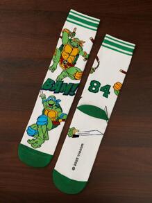TEENAGE MUTANT NINJA TURTLES | SHEIN 2 双柔软透气吸湿排汗休闲中筒袜，卡通条纹图案，时尚绿色和白色男士中筒袜，加固脚趾和脚跟，经久耐用，男女通用，四季百搭 - 彩色 - 查看 5
