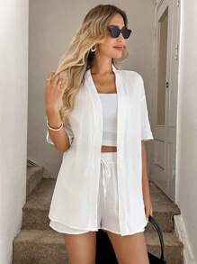 Easowa Bộ đồ kimono cotton trắng nhăn + quần short, trang phục đi nghỉ thường ngày cho mùa xuân/hè - trắng - Xem 4