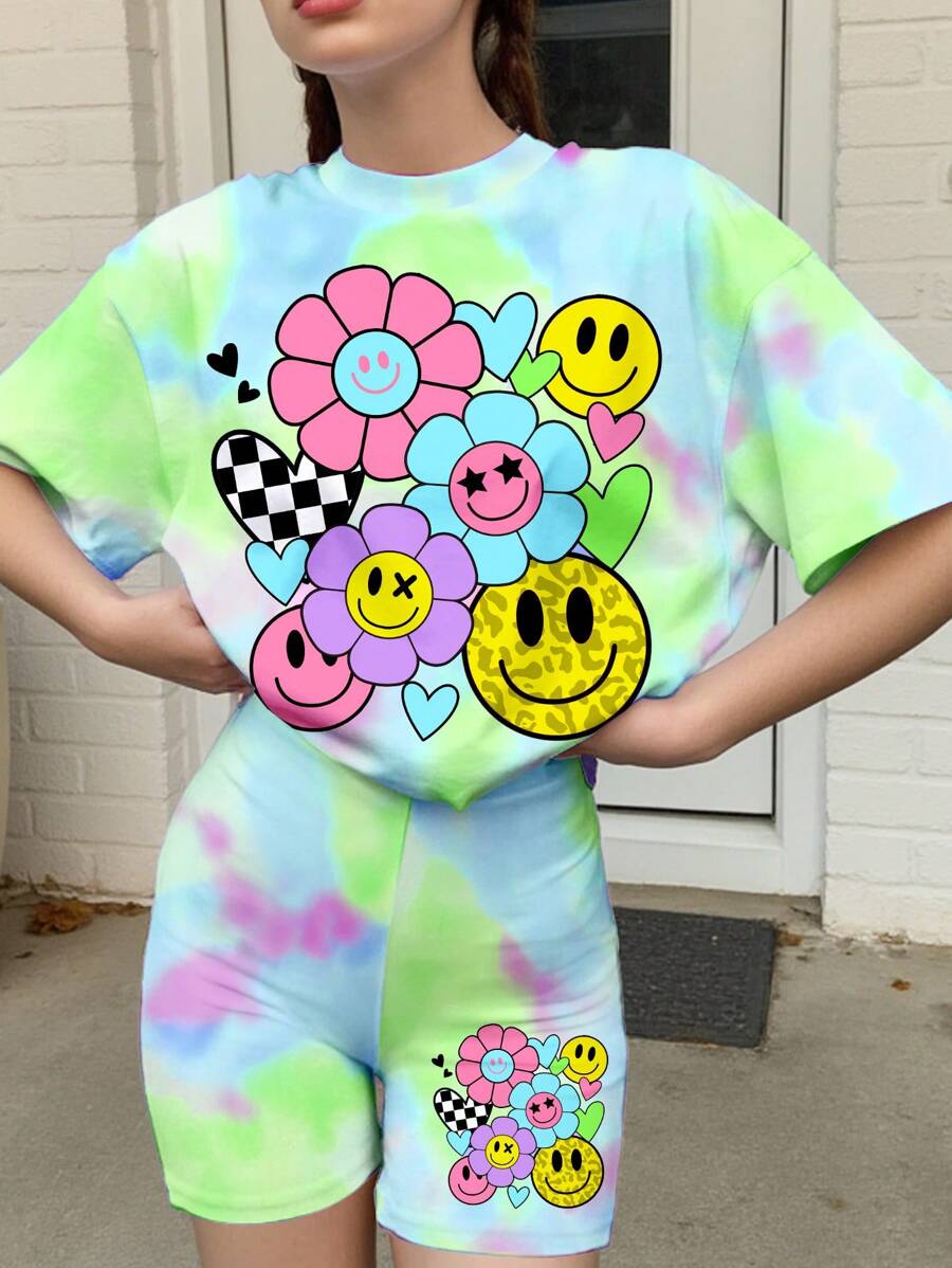 SHEIN Leap Crew 2 件套青少年休闲宽松短袖 T 恤和紧身裤套装，适合夏季 - 彩色 - 查看 1