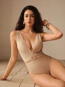 Anewsta 精致优雅成熟高端V领棕色和银线露背连体泳衣，25SS系列 - 棕色 - 查看 6