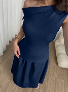 Modelyn 2pcs Set Solid Color Asymmetric Collar Blouse And Skirt - Navy Blue - View 4