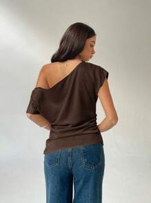 Aloruh 女士纯色不对称领短袖衬衫，优雅夏日